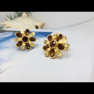 C.Trifari Flower Amber Rhinestone clip Earrings
